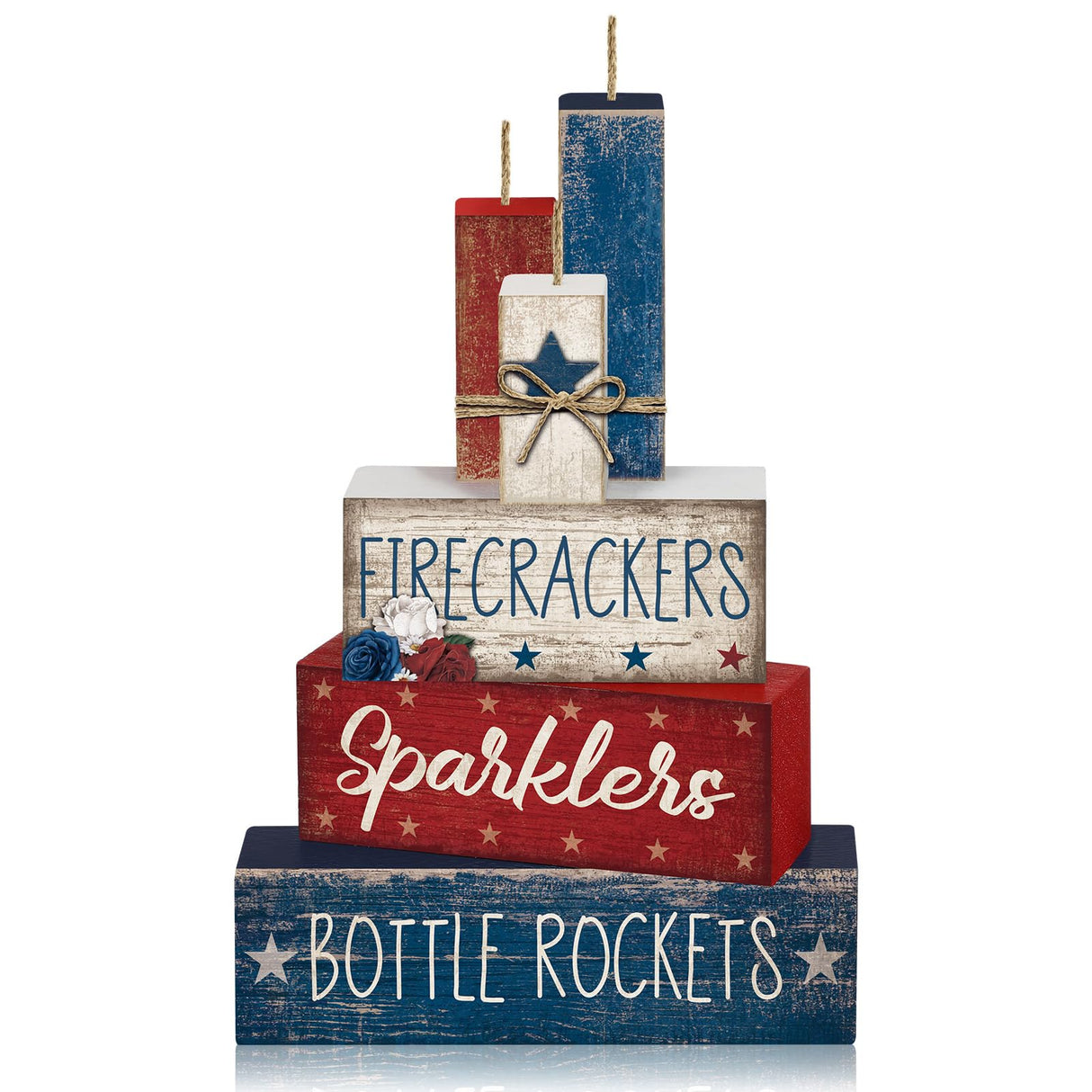 CroBlissful 4 Pcs Memorial Day Decorations Patriotic Tiered Tray Decorations 4th of July Table Sign Farmhouse Red White Blue Rustic Wood Block Stack Sign for Home Shelf Mantel(Firecrackers) CroBlissful