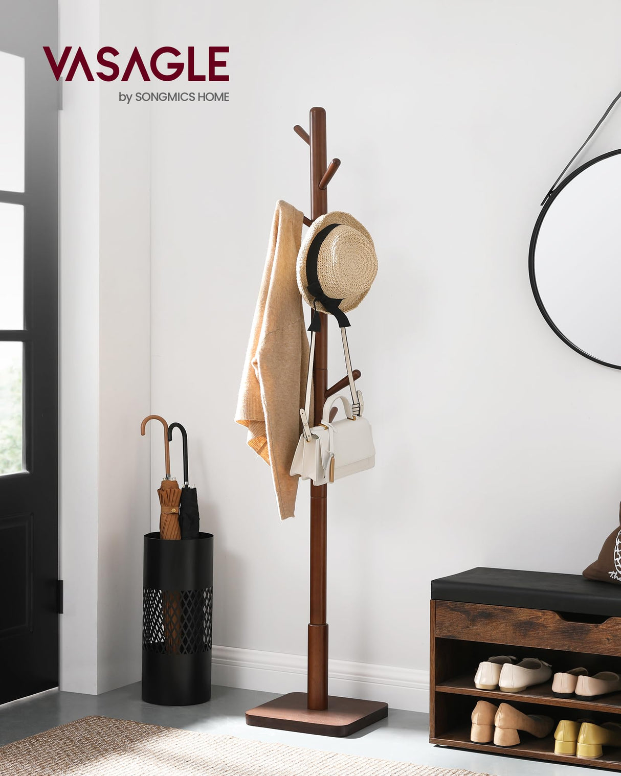 VASAGLE Solid Wood Coat Rack, Free Standing Hall Coat Tree with 8 Hooks, 3 Height Options, for Coats, Hats, Bags, Purses, for Entryway, Hallway, Rubberwood Hooks and Pole, Dark Walnut URCR010W01 VASAGLE