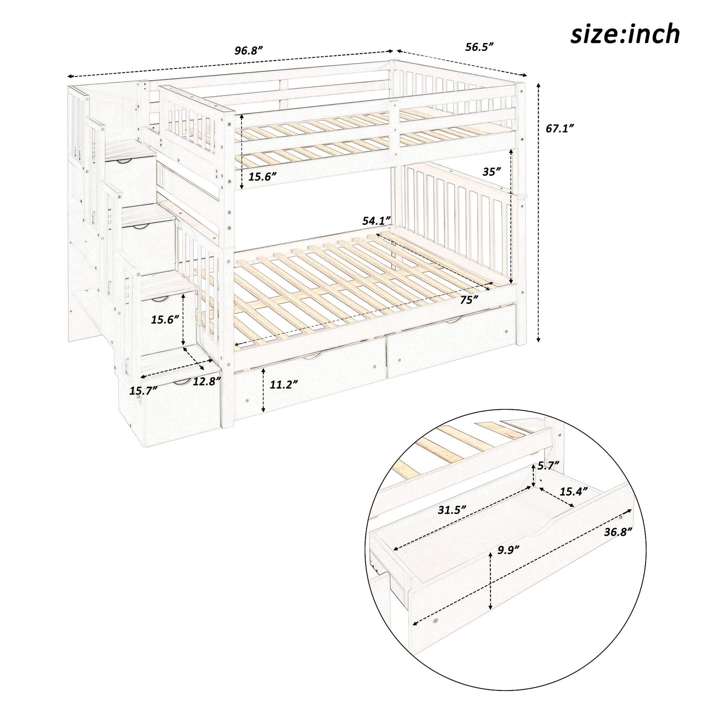 MERITLINE Full Over Full Bunk Bed with Stairs and 6 Storage Drawers, Solid Wood Bunk Bed with Storage Drawers, for Kids Teens Adults (White)