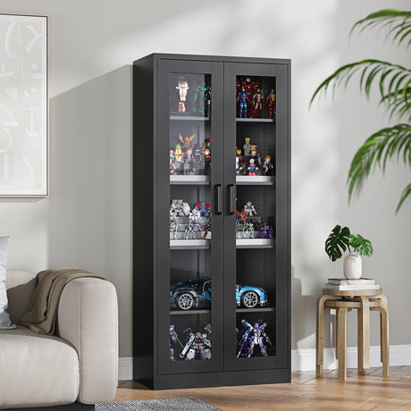 PEUKC Display Cabinet with Glass Doors, 67-inch Curio Cabinets with 4 Adjustable Shelves, HD&Tempered Glass Cabinet Display Case for Home, Office, Clinic, Pantry, Assemble Required, Black PEUKC