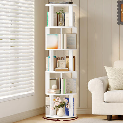 MAHANCRIS 5-Tier Rotating Bookshelf, 360° Spinning Bookshelf Tower, Floor Standing Round Revolving Bookcase, Display Rack for Books, CDs, for Living Room, Study, Bedroom, White BKWT6501