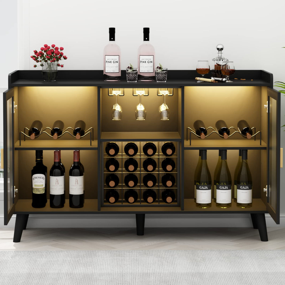 GYFIMOIE Modern Wine & Cocktail Cabinet with LED Light, Home Bar w Wine Rack and Glass Holder, Kitchen Buffet with Storage, Freestanding Liquor Cabinet (Black) Gyfimoie