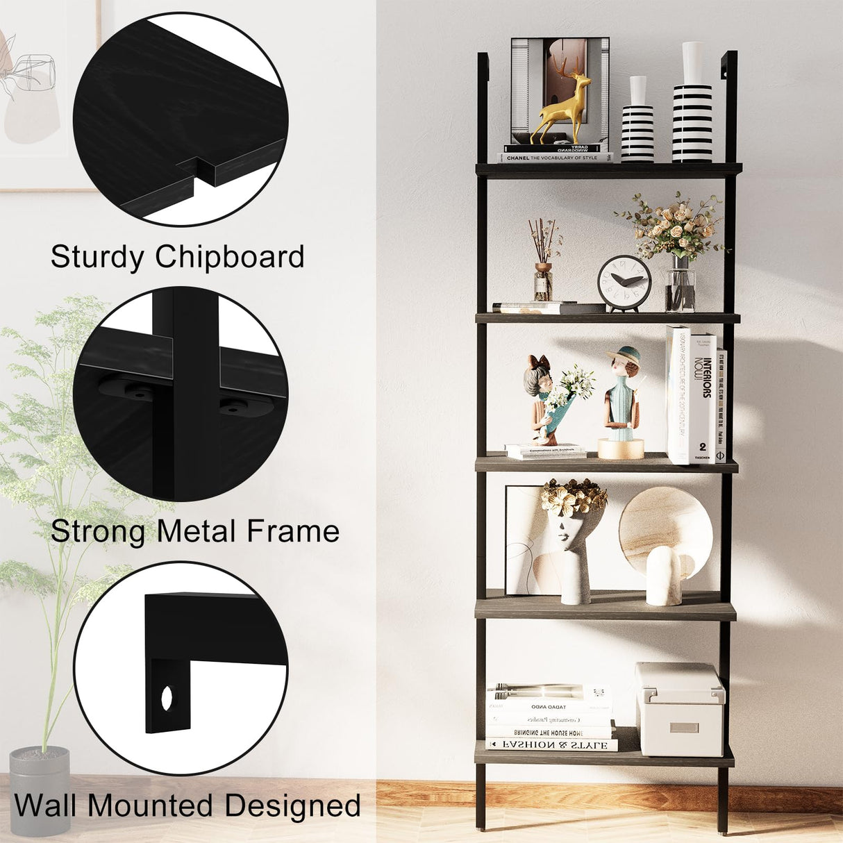 aboxoo Ladder Shelf 2PCS Open Bookshelf 5-Tier Wood Wall-Mounted Black Bookcase Storage Rack Open Industrial Modern Plant Stand Utility Organizer Bookcase Metal Frame Furniture Office Kitchen Bedroom aboxoo