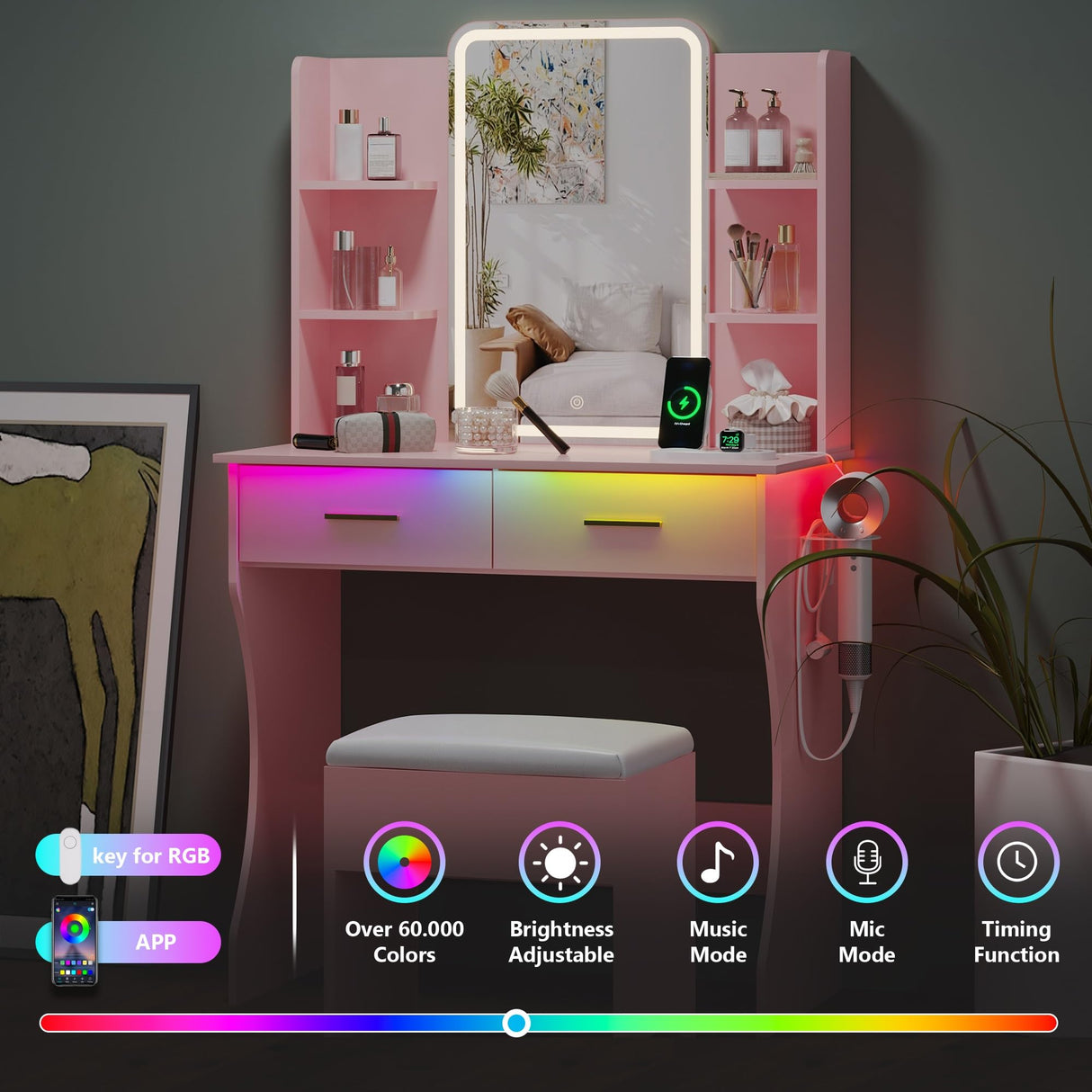 Small Vanity Desk with Mirror and Lights, Makeup Vanity with LED Lights, Pink Vanity Mirror with Lights Desk and Chair, 3 Lighting Adjustable Compact Vanity Mirror with Lights for Women, Girls HUANLEGO