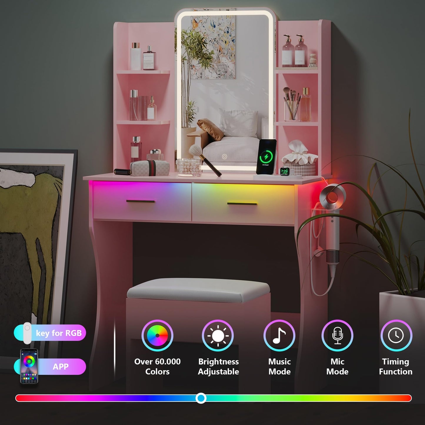 Small Vanity Desk with Mirror and Lights, Makeup Vanity with LED Lights, Pink Vanity Mirror with Lights Desk and Chair, 3 Lighting Adjustable Compact Vanity Mirror with Lights for Women, Girls