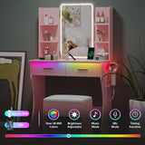 Small Vanity Desk with Mirror and Lights, Makeup Vanity with LED Lights, Pink Vanity Mirror with Lights Desk and Chair, 3 Lighting Adjustable Compact Vanity Mirror with Lights for Women, Girls HUANLEGO