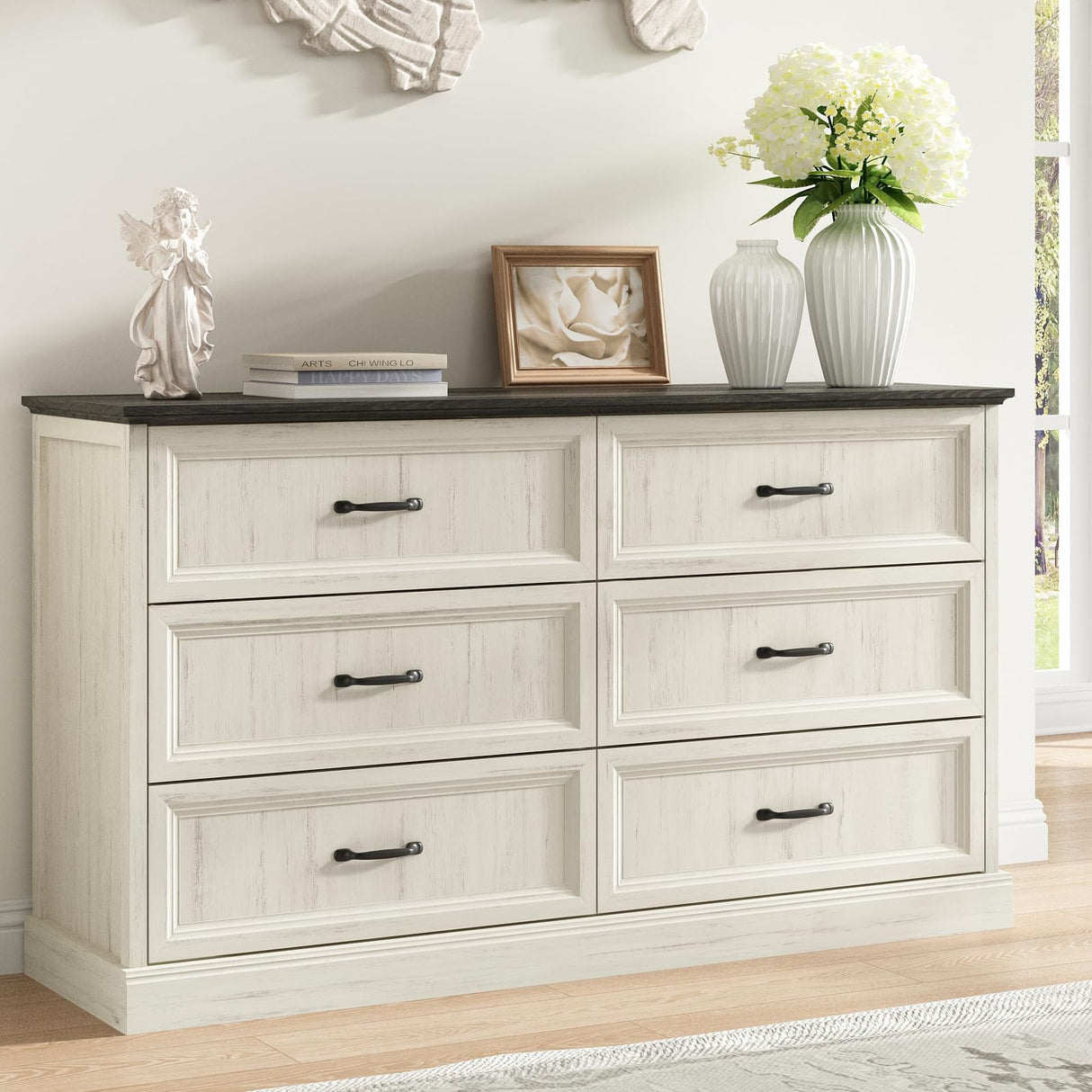 Farmhouse 6 Drawer Dresser for Bedroom, 55 Inch Wide Modern White Dresser TV Stand with Large Drawers & Bar Handles, Rustic Wood Chest of Drawers for Bedroom, Living Room, Hallway, Entryway. CARPETNAL
