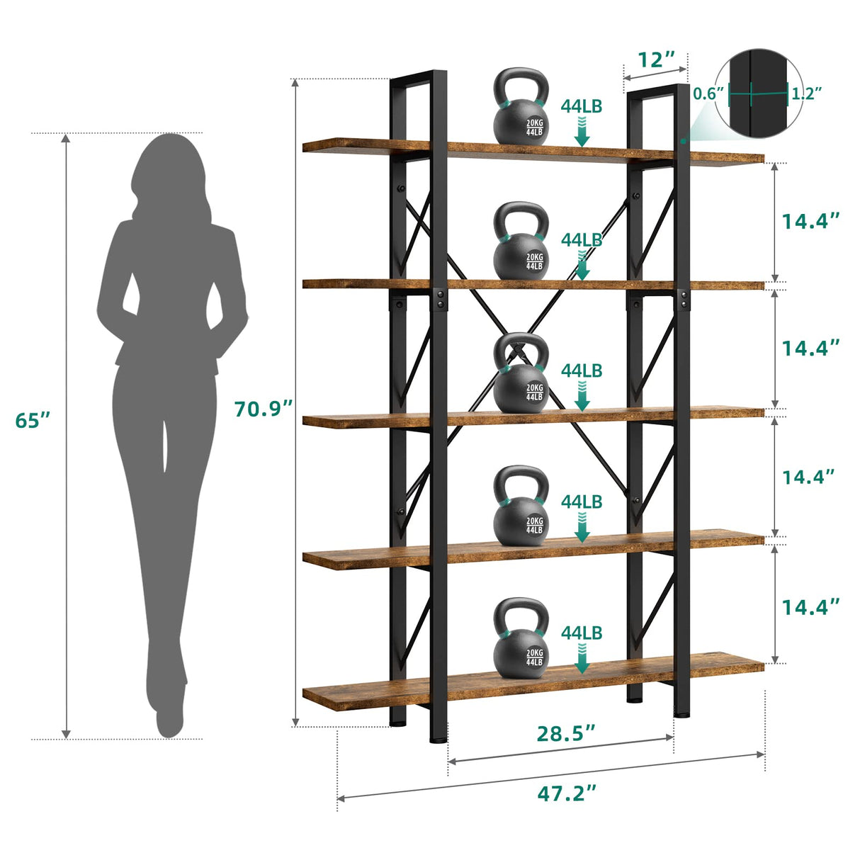 YITAHOME 5 Tier Bookcase, Artsy Modern Bookshelf, Book Rack, Storage Rack Shelves in Living Room/Home/Office, Books Holder Organizer for Books/Movies - Rustic Brown YITAHOME