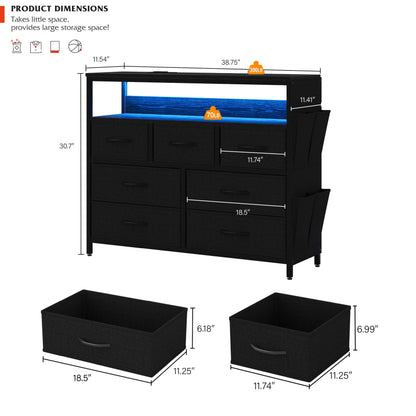 CollaredEagle 7 Drawer Dresser with Charging Station, TV Stand Fabric Storage Tower for Bedroom,Storage Drawers with LED, Wooden Top for TV up to 43 inch, for Bedroom, Living Room, Entryway, Black