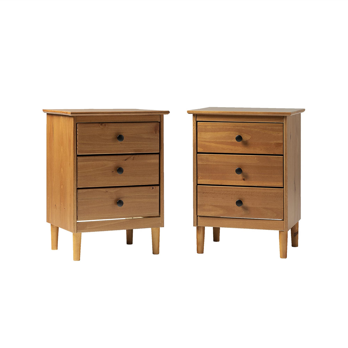 Walker Edison Myron Modern 2 Piece Solid Wood 3 Drawer Nightstand Set, 2 Pack, Caramel Walker Edison