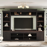 Merax Minimalist Entertainment Wall Unit Set with Ample Storage Space and Adjustable Shelves, TV Stand for Televisions Up to 70'', Mid-Century Large Media Console with Wine Rack for Living Room, Black Merax