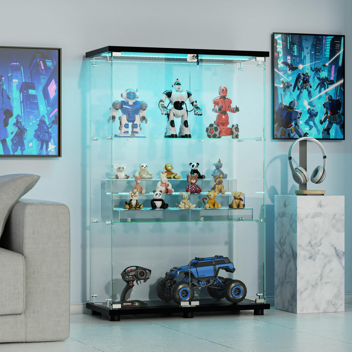 VINGLI Glass Display Cabinet with 3 Shelves, Double Doors and Lock, Floor Standing Curio Cabinets with LED Light, Upgraded Tempered Glass Bookshelf, for Living Room Living Room Bedroom Office, Black VINGLI