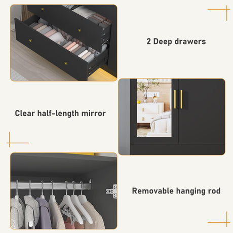 3 Doors Armoire Wardrobe Closet with Mirror, LED Armoire with Doors and Drawers, Wooden Wardrobe Storage Cabinet with Hanging Rod, Adjustable Shelves, Black chartustriable