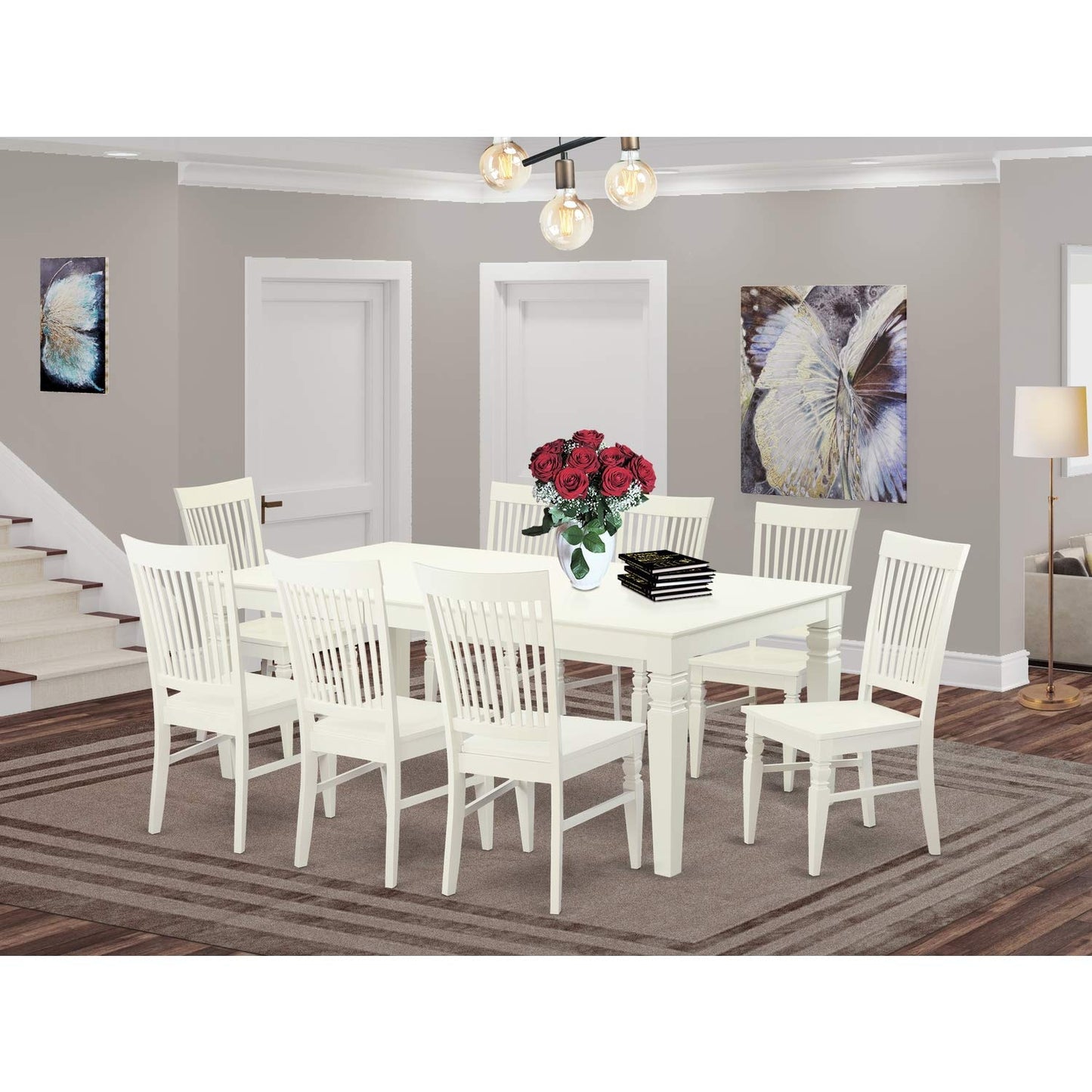 East West Furniture LGWE9-LWH-W Logan 9 Piece Kitchen Set Includes a Rectangle Room Table with Butterfly Leaf and 8 Dining Chairs, 42x84 Inch - WoodArtSupply