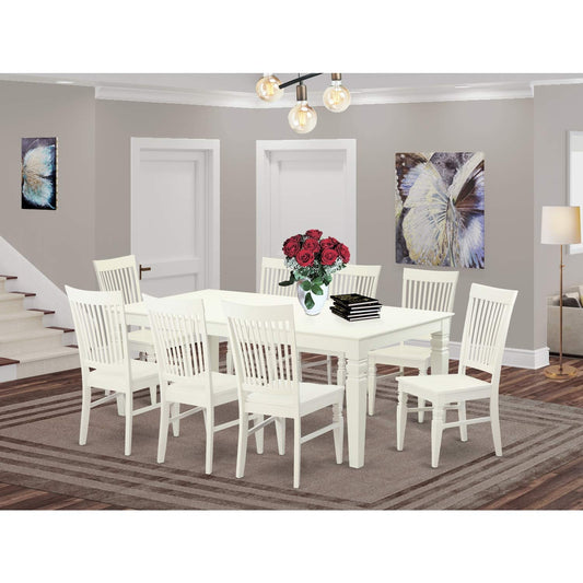 East West Furniture LGWE9-LWH-W Logan 9 Piece Kitchen Set Includes a Rectangle Room Table with Butterfly Leaf and 8 Dining Chairs, 42x84 Inch - WoodArtSupply