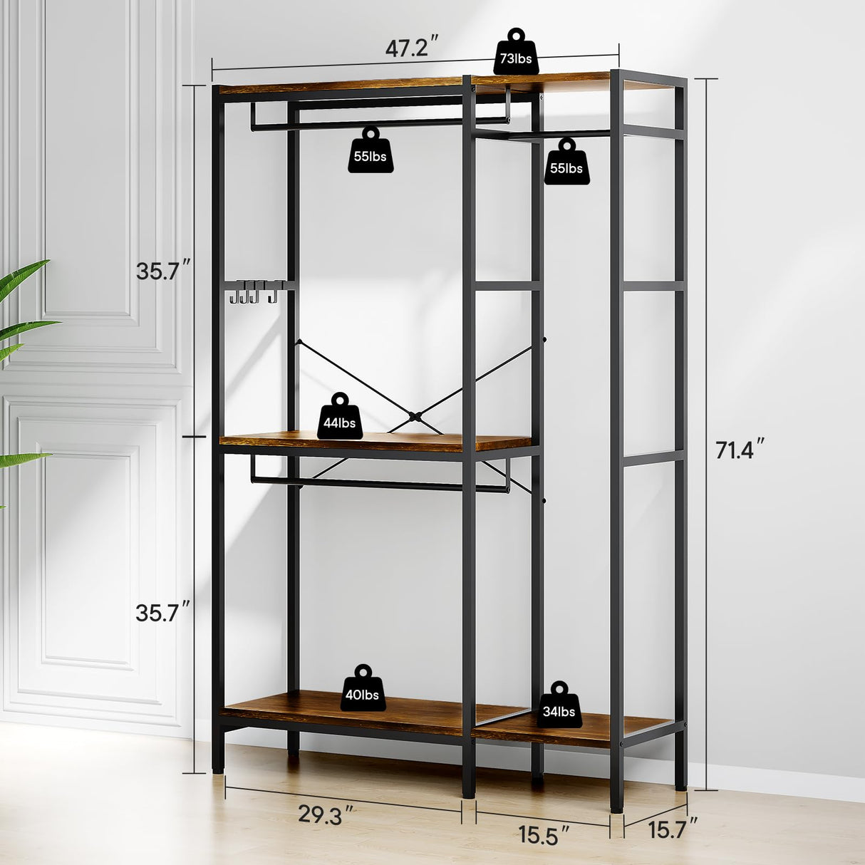 ZERDER Clothes Rack, Heavy Duty Garment Rack for Clothes, Clothing Racks with Shelves and 4 Side Hooks, Freestanding Metal Wooden Closet Organizer, Wardrobe Storage Rack, Brown ZERDER