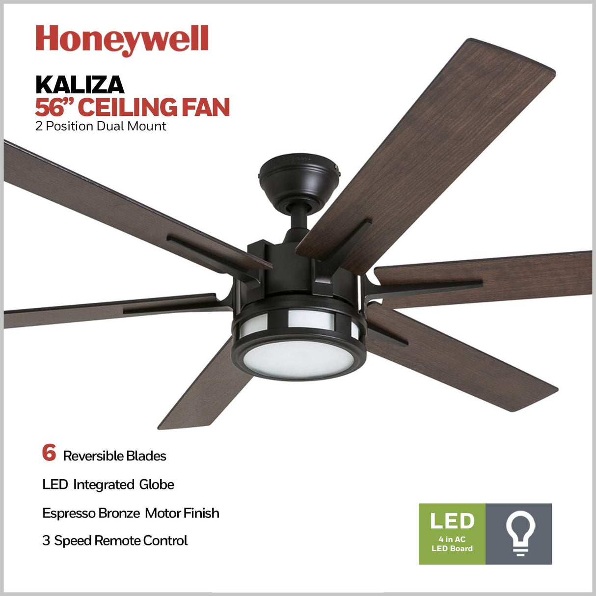 Honeywell Ceiling Fans Kaliza Modern 56 Inch Ceiling Fan with Light, Remote Control Fan, LED Indoor Fan with 6 Blades, Gray Oak and Light Oak Blade Finish Options, Bronze (51036-01) Honeywell Ceiling Fans