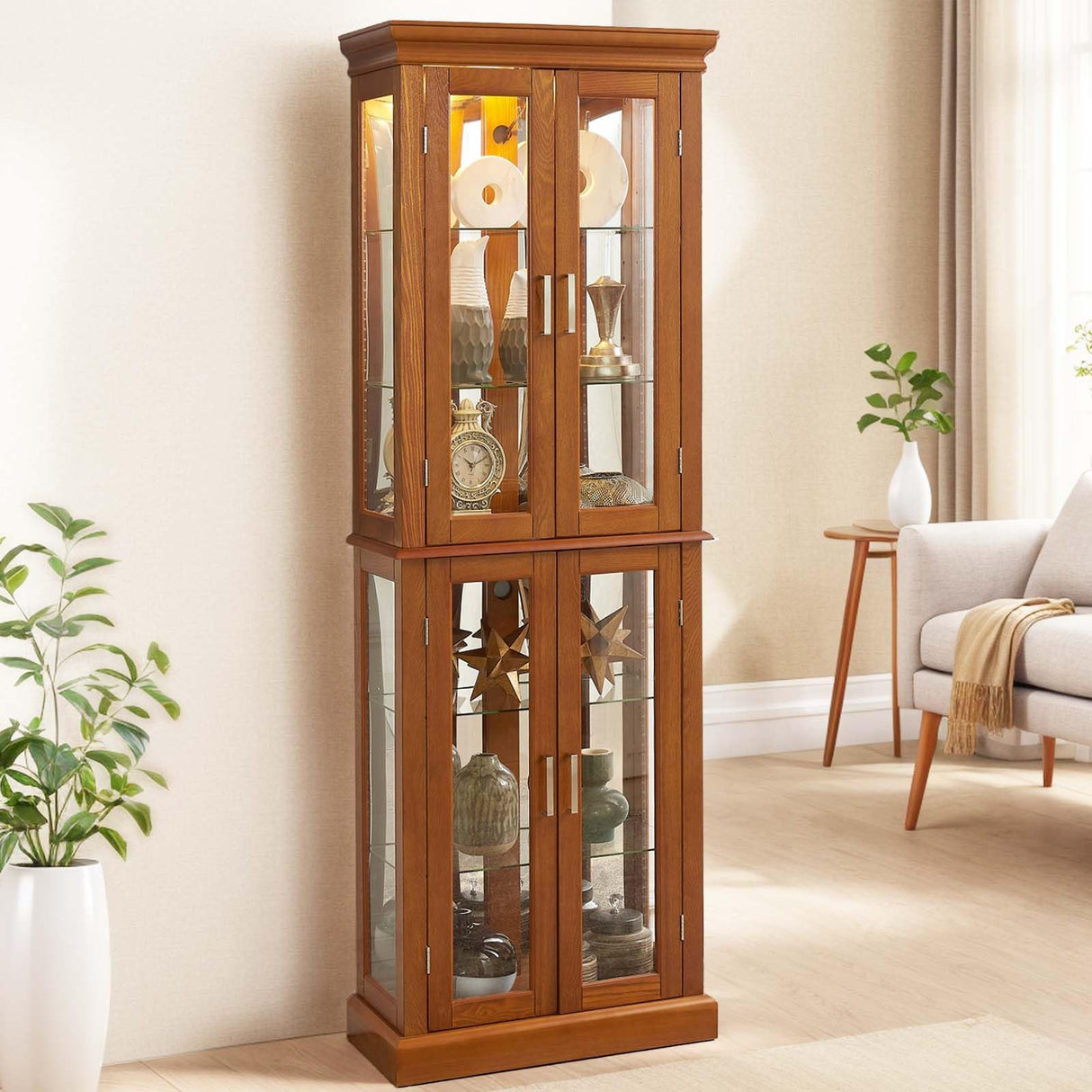 Firscook Curio Cabinet Wooden Display Cabinet,Curio Cabinet with Adjustable Glass Shelves Vintage, Lighted Curio Diapaly Cabinet,Vintage Accent Storage Cabinet with 6 Shelves,70" Curio Cabinet(Oak) Firscook