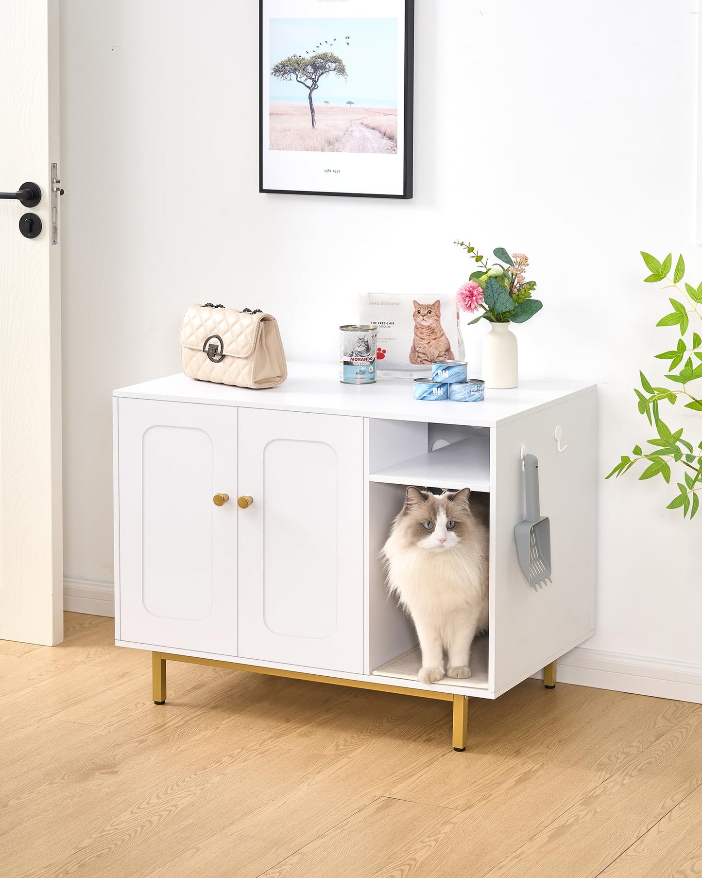 Hzuaneri Cat Litter Box Enclosure, Hidden Litter Box Furniture, Indoor Cat House with Storage Shelf, Wooden Pet Cat Cabinet, Fits Most Litter Box, 19.7 x 31.5 x 23.9, White CB82113A - WoodArtSupply