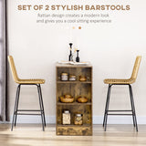 HOMCOM Rattan Bar Stools Set of 2, 26" Counter Height Barstools, Boho Kitchen Island Stools with Breathable Wicker Seat and Back, Yellow HOMCOM