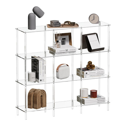 4-Tier Acrylic Horizontal Bookshelf, Clear 9 Cube Open Bookcase, Modern Book Shelf for Living Room, Bedroom, Office, 11.8" D x 47.2" W x 38.6" H, Easy Assembly