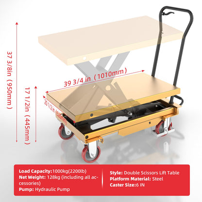 ZKH Hydraulic Lift Cart, 2200lb Capacity, 38" Max Lifting Height, Single Scissors Lift Table with Locking Wheels and Overload Bar for Safe Operations, Ideal for Material Handling and Freight Lifting