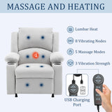 Power Recliner Chair for Adults,Upholstered Nursery Reclining Sofa Chair,Heating Point Massage Theater Seating Single Sofa with Side Pockets Table for Living Room-Grey White Alunaune