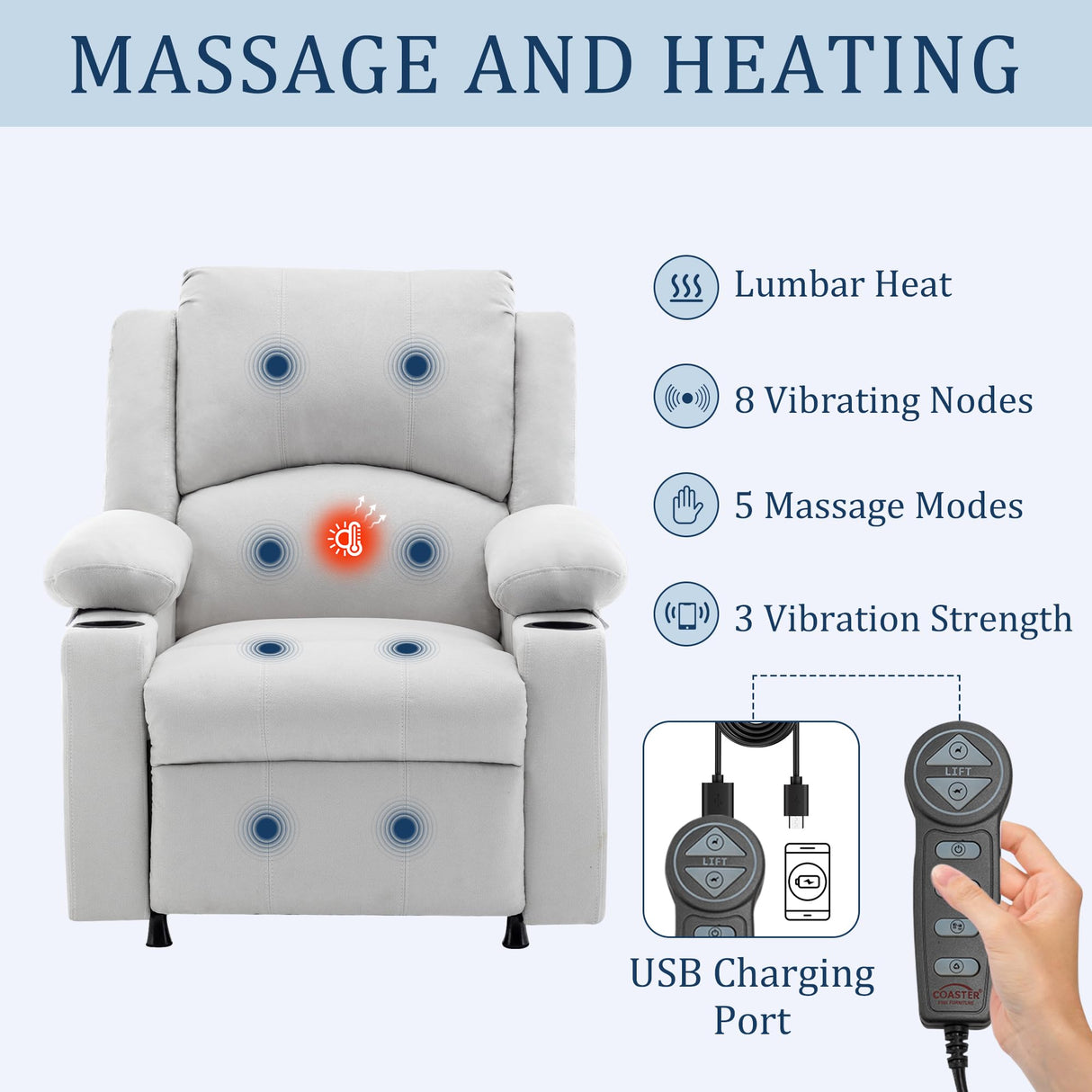 Power Recliner Chair for Adults,Upholstered Nursery Reclining Sofa Chair,Heating Point Massage Theater Seating Single Sofa with Side Pockets Table for Living Room-Grey White Alunaune