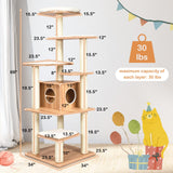 PETSITE Tall Cat Tree for Indoor Cats, 69 Inches Multi-Level Modern Cat Tower with Plush Perch, Cozy Condo, Platforms, Sisal Scratching Posts, EVA Massage Comb & Removable Cushions (Natural) PETSITE