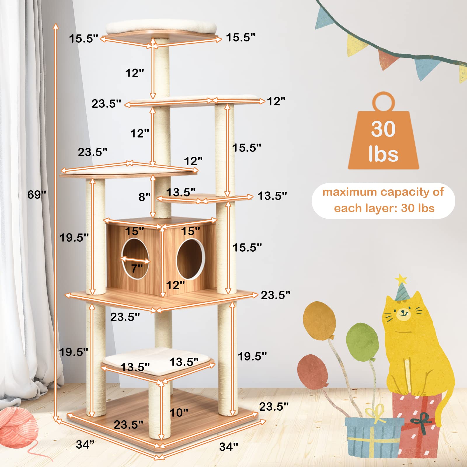 PETSITE Tall Cat Tree for Indoor Cats, 69 Inches Multi-Level Modern Cat Tower with Plush Perch, Cozy Condo, Platforms, Sisal Scratching Posts, EVA Massage Comb & Removable Cushions (Natural) - WoodArtSupply