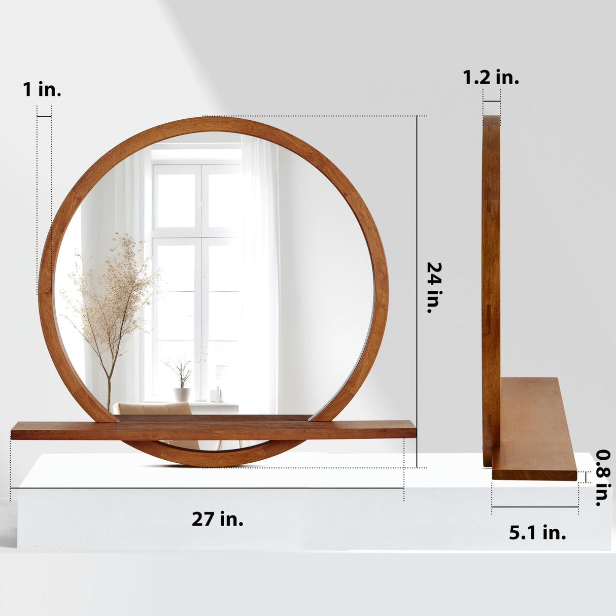 AGATEO Solid Wood Wall Mirror with Shelf – Round Wood Frame Mirror for Entryway, Bathroom or Living Room – Handcrafted Look – 24 Inch AGATEO