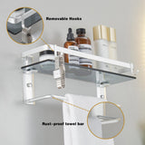 VOLPONE Glass Shelf for Bathroom 15.7 in Bathroom Shelves with Towel Bar Tempered Glass Shelves with 4 Removable Hooks for Wall（2 Tier） VOLPONE