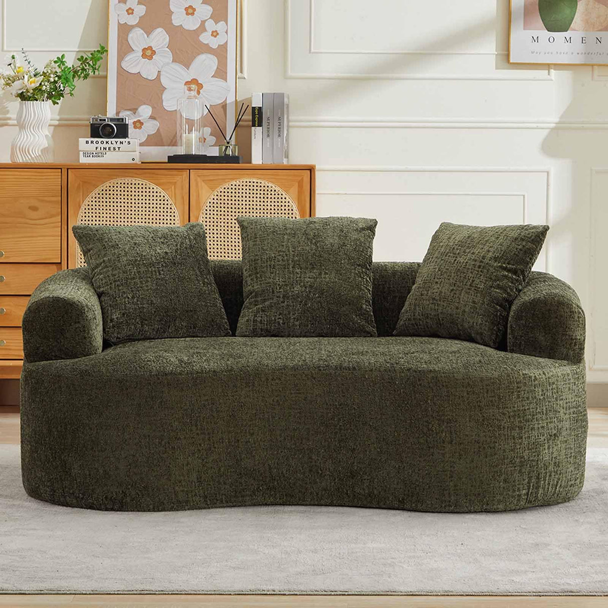 61" Curved Loveseat Sofa with 3 Pillows, Small Boneless Couch in a Box, Chenille Cloud Loveseat for Living Room Bedroom Small Space Apartment, Memory Foam, Modern, No Assembly (Green) Thctvous