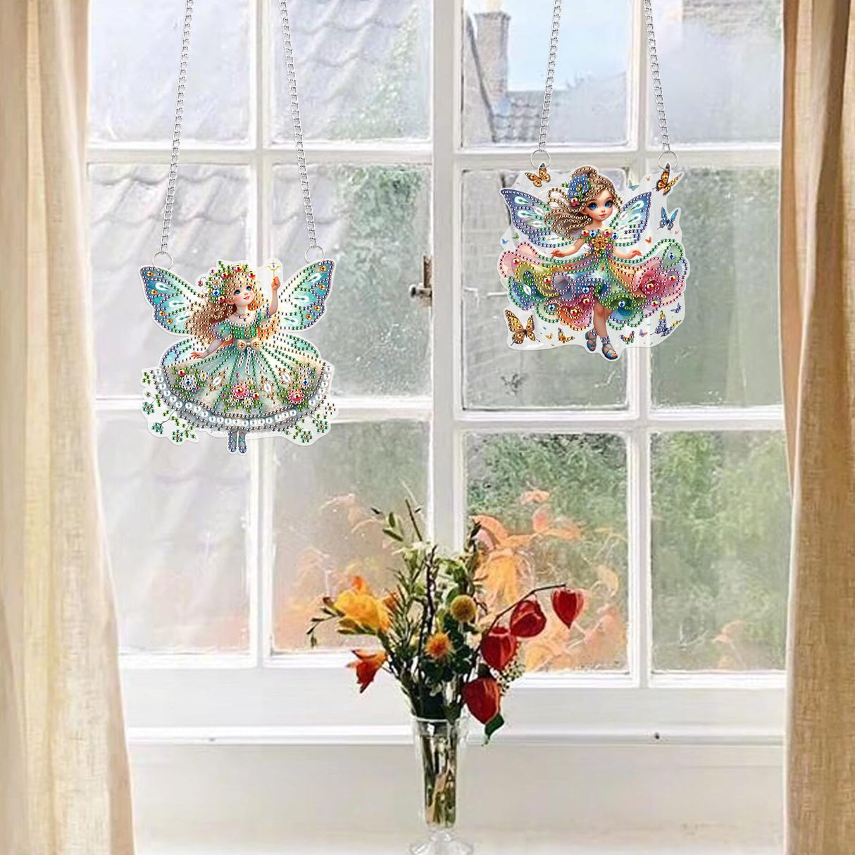 2 Pcs Diamond Painting Fairy Ornaments – DIY Acrylic Hanging Decorations with Chains, Cute Butterfly Flower Elf Girl Design for Home Decor, Gifts, and Crafts antor
