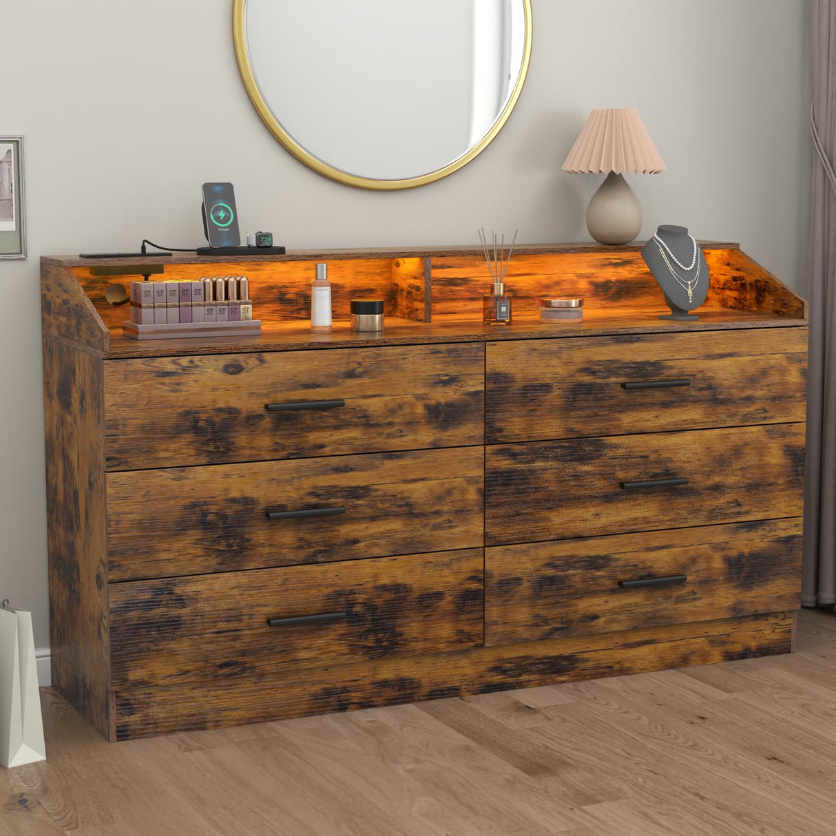 Gyfimoie 6 Drawer Dresser with Power Outlet, Chest of Drawers with LED Light, Modern Dresser with Open Storage Cubby, Double Wide Dresser Organizer for Bedroom, Living Room, Entryway, Hallway Gyfimoie