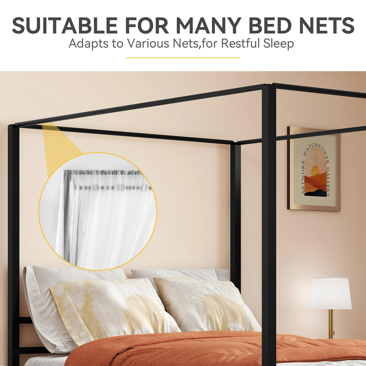 DWVO Canopy Bed Frame King, Four Poster Bed with Built-in Headboard, 14 Inch Platform Bed with Metal Slat, Noise Free, No Box Spring Needed, Black DWVO