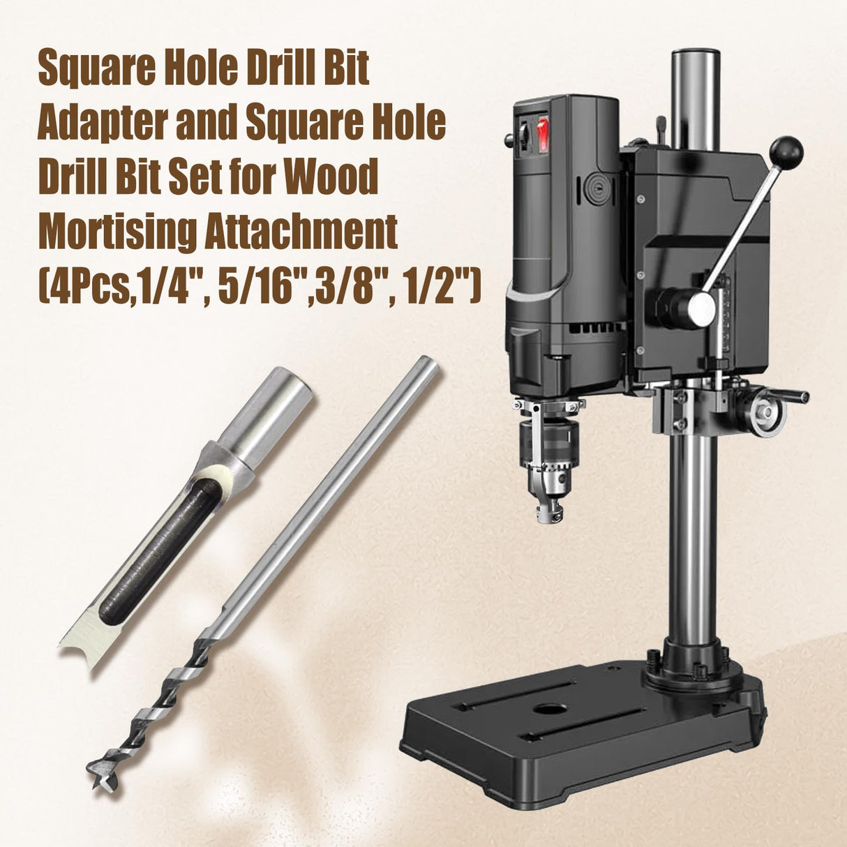 Square Hole Drill Bit Adapter and 4 pcs Square Hole Drill Bits, Easy Installation and Disassembly Mortising Attachment for Drill Press, Mortise Machine, Power Tool Accessory for Drill Machines Yuqutum