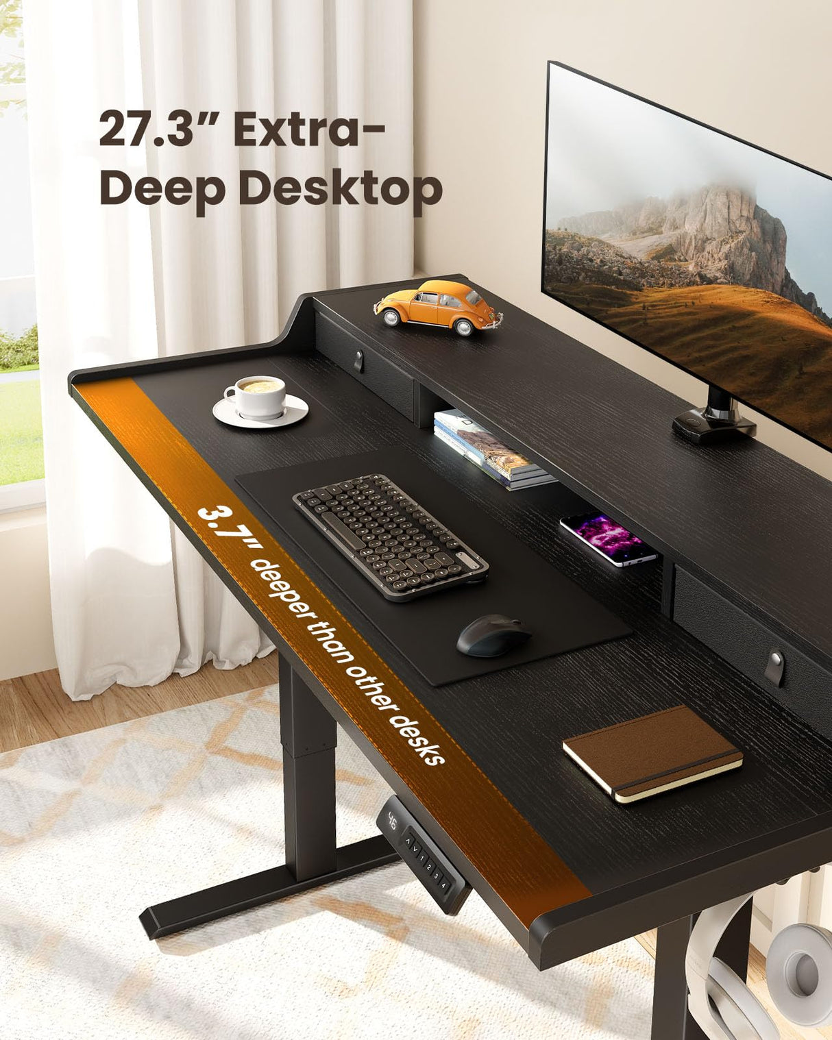 ErGear Electric Standing Desk with Drawers, 63″ x 28″ Gaming Desk with Monitor Stand, C-Clamp Mount Compatible, Home Office Height-Adjustable Desk with Storage Shelf, 4 Preset Heights, Black, EGESD38B ErGear