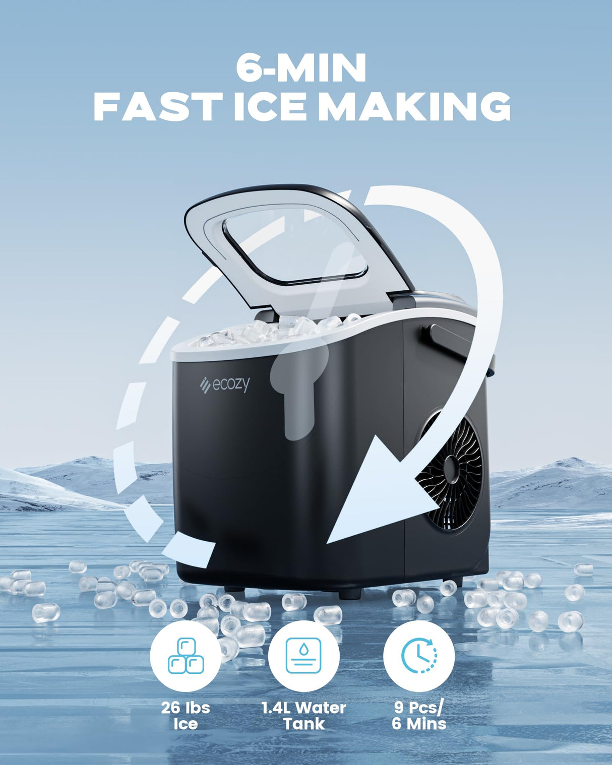 ecozy Ice Makers Countertop, Portable Ice Machine with Carry Handle, Ice in 6Mins, 26 lbs/Day, Auto-Cleaning Ice Maker with Basket and Scoop, for Home/Kitchen/Camping/RV ecozy