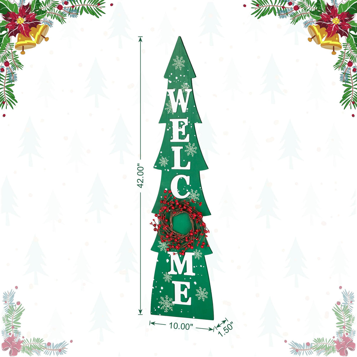 Glitzhome 42" H Wooden Welcome Christmas Tree Porch Sign with Berries Wreath Vertical Porch Sign in Xmas Tree Shape Farmhouse Hanging Sign Decorations for Front Door Wall Display Glitzhome
