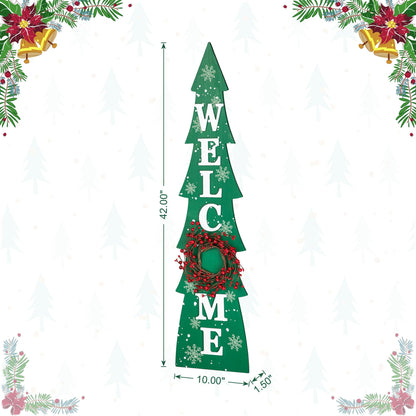 Glitzhome 42" H Wooden Welcome Christmas Tree Porch Sign with Berries Wreath Vertical Porch Sign in Xmas Tree Shape Farmhouse Hanging Sign Decorations for Front Door Wall Display