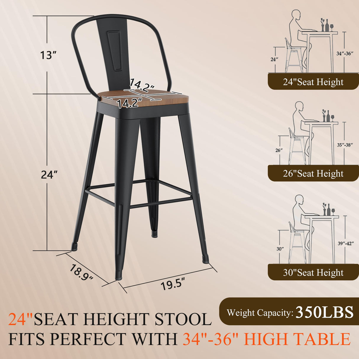 Aklaus Swivel Metal Bar Stools 24 inch Swivel Counter Height Barstools Set of 2 Modern Farmhouse Bar Chairs with High Backs and Large Wooden Seat for Kitchen Island Dining Room Matte Black Aklaus