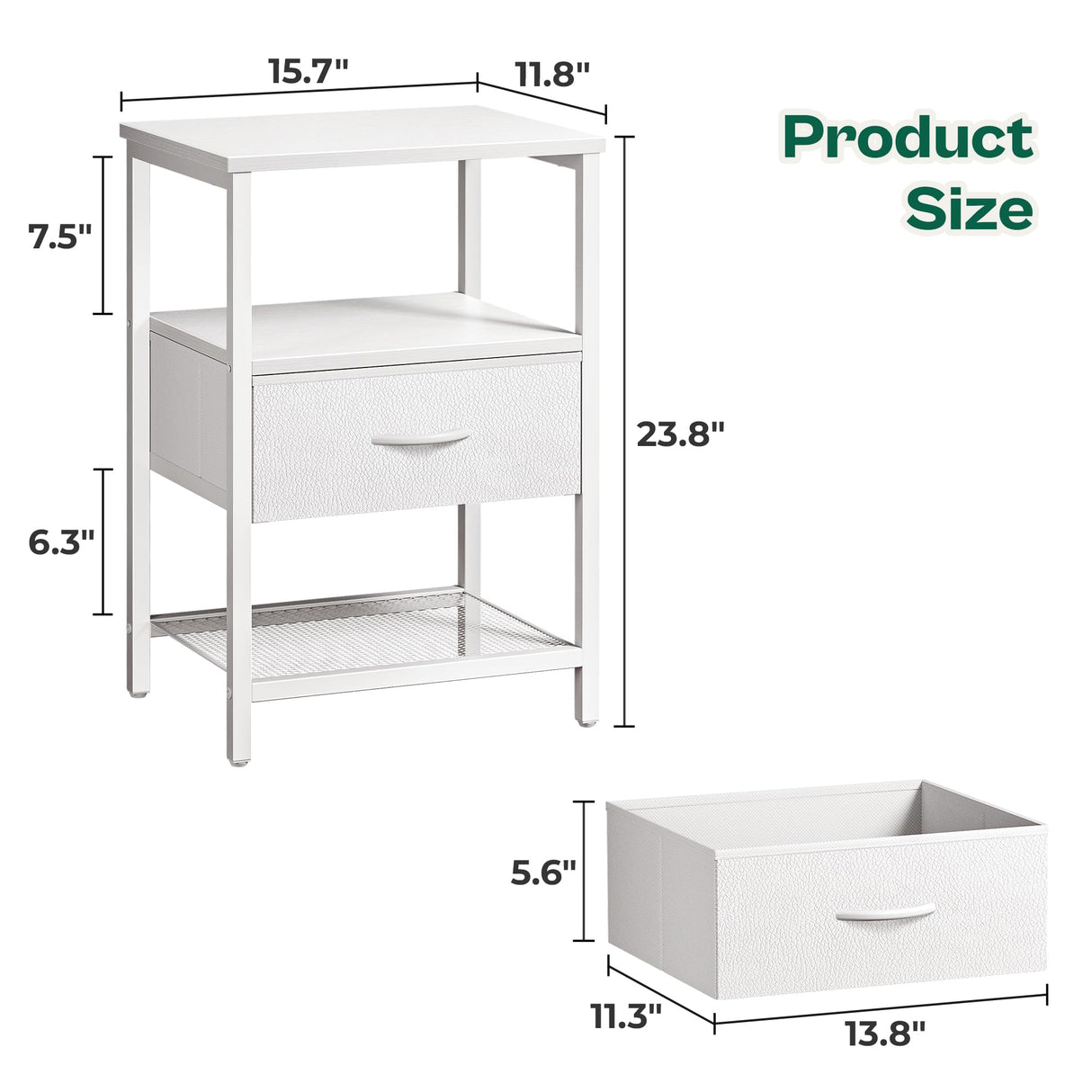 Huuger Nightstand Set of 2, Night Stand with Fabric Drawer, Mesh Shelf, Side Table with Storage, Fabric Drawer Dresser, Open Shelf, Metal Frame, Bedroom, White Huuger