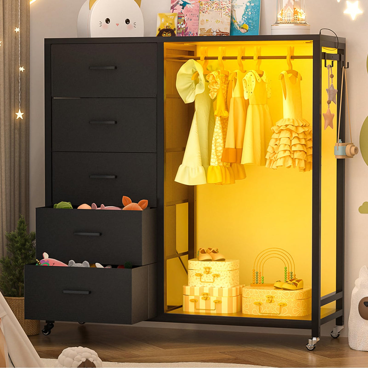 Cyclysio 5 Drawers Dresser with Charging Station & LED Lights, Dresser for Closet with 5 Fabric Drawers, Lockable Wheels, Bedroom, Entryway Cyclysio