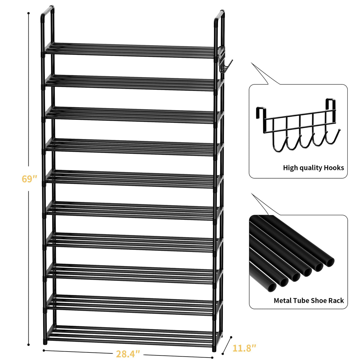 SRRSO Shoe Rack, 10 Tier Shoe Storage Organizer with Hooks,Fit 40-45 Pairs Shoes,Metal Tall Shoe Shelf for Closet,Entryway, Hallway,Garage,Bedroom,Cloakroom SRRSO