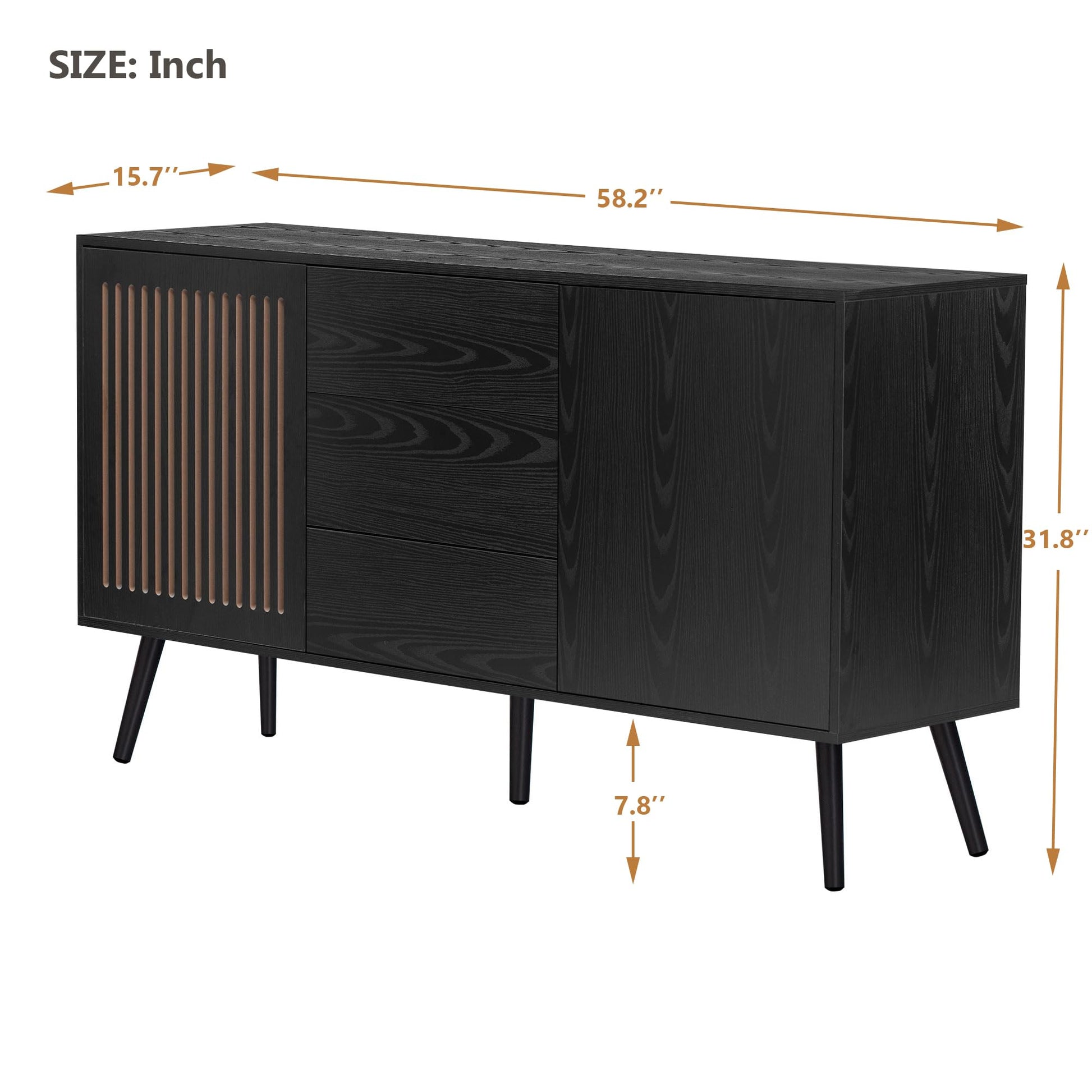 Amposei Modern Sideboard Buffet Cabinet 58.2-Inch Wooden Credenza TV Stand Console Storage Cabinet with Drawers & Adjustable Shelves for Living Dining Room, Black - WoodArtSupply