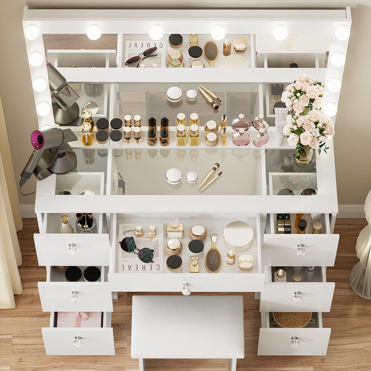 VOWNER Vanity with Lighted Mirror - Makeup Vanity Desk with Glass Top, 7 Drawers and Power Outlet, 3 Color Lighting Modes Adjustable Brightness, 44" Vanity Table with Stool for Women Girls, White VOWNER