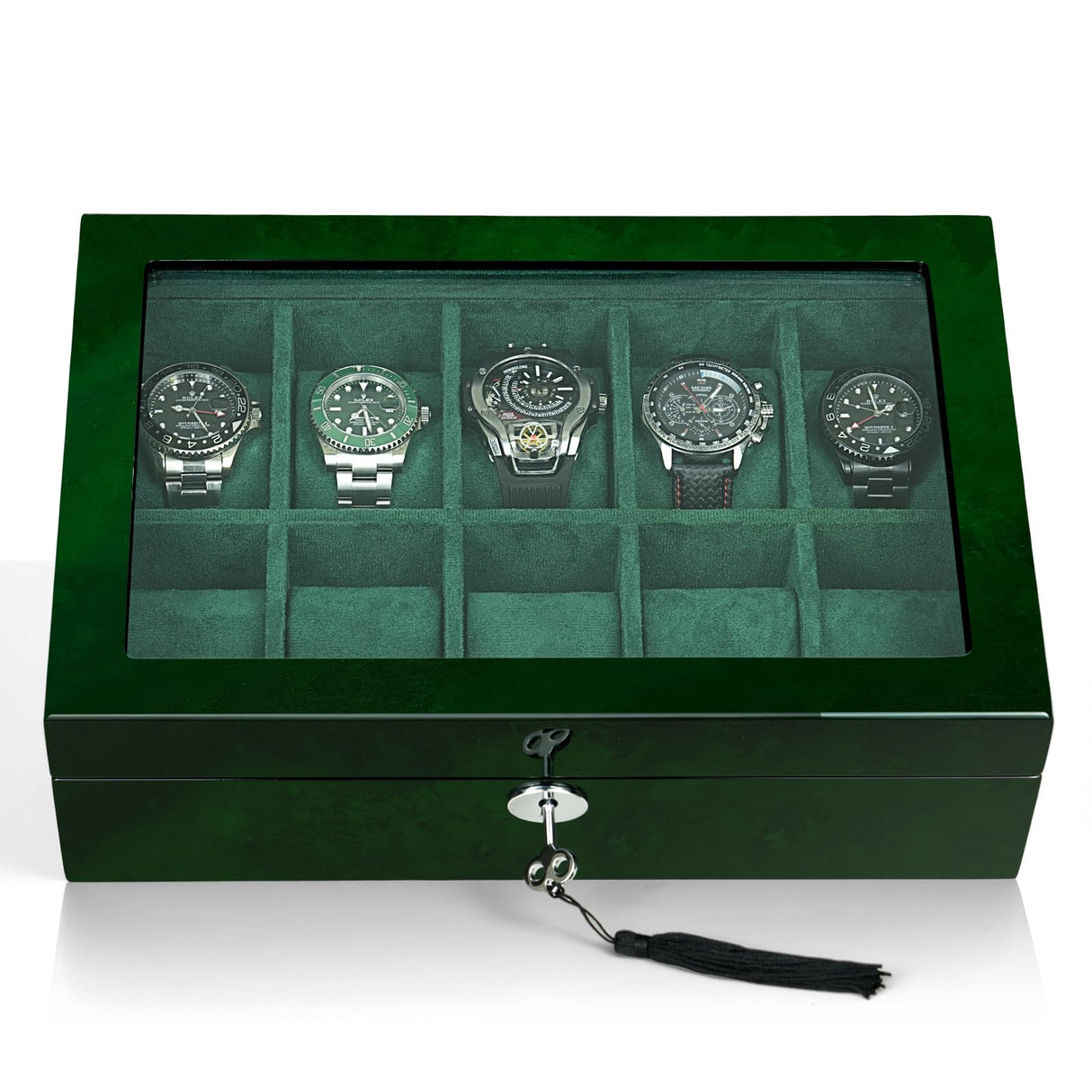 SYENS Watch Box for Men 10 Watches Storage Organizer Case, Smart Watch Display, Green Wood with Soft Suede Interior, Large Glass Window, Gift for Women and Man (10W-GR) SYENS
