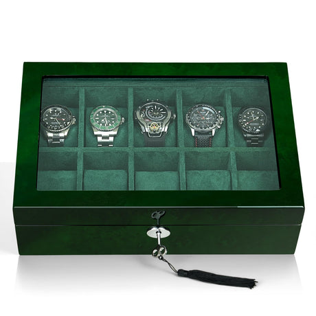 SYENS Watch Box for Men 10 Watches Storage Organizer Case, Smart Watch Display, Green Wood with Soft Suede Interior, Large Glass Window, Gift for Women and Man (10W-GR) SYENS