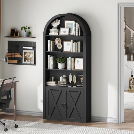MAHANCRIS 6-Tier Bookshelf, 74.6'' Farmhouse Arched Bookcase with Cabinet, Freestanding Engineered Wood Display Bookshelf, with Adjustable Shelves, for Living Room, Study, Kitchen, Black BKBK2601 MAHANCRIS
